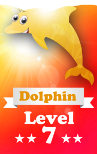 A dolphin jumping in the air with a banner above it.